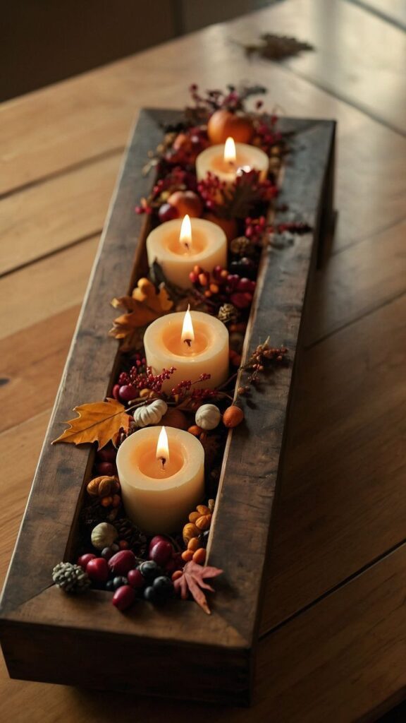 Narrow wood trough tray with pillar candles, cranberries, and mini pumpkins as a fall tray idea