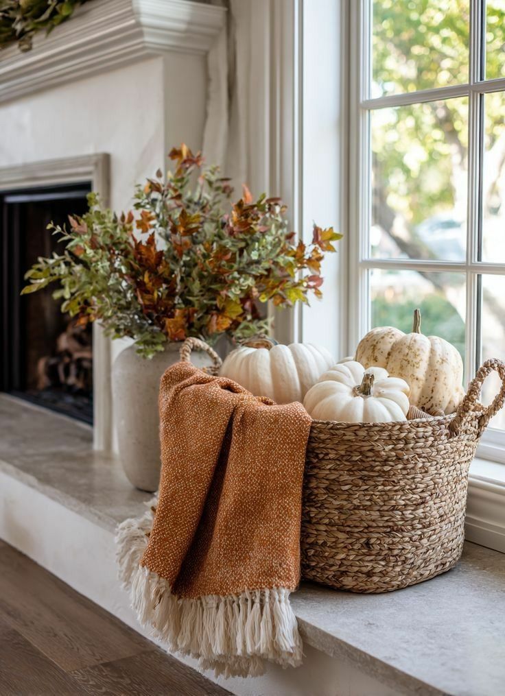Woven basket styled with white pumpkins and an orange throw blanket for fall living room decor