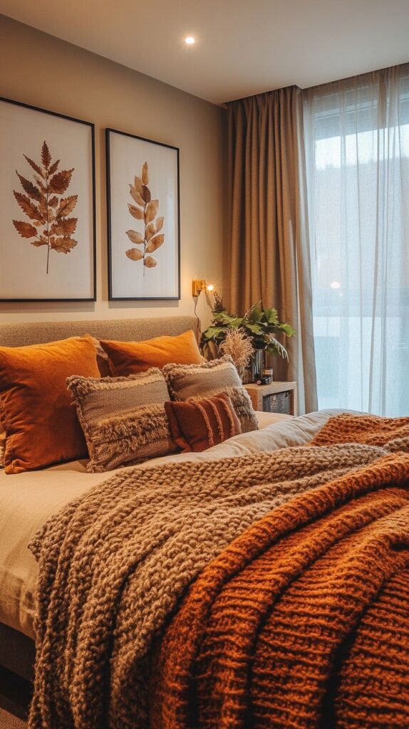 Rust and cream layered bedding with framed leaf art above the bed for fall bedroom decor
