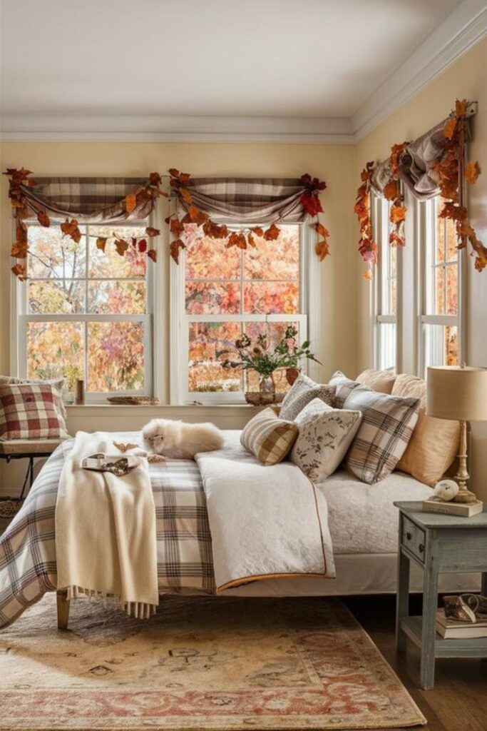 Bed styled under windows with plaid bedding and leaf garland valances for fall