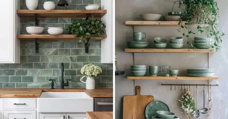 12 sage green kitchen decor ideas including cabinets, tile, and open shelving styled with plants and ceramics