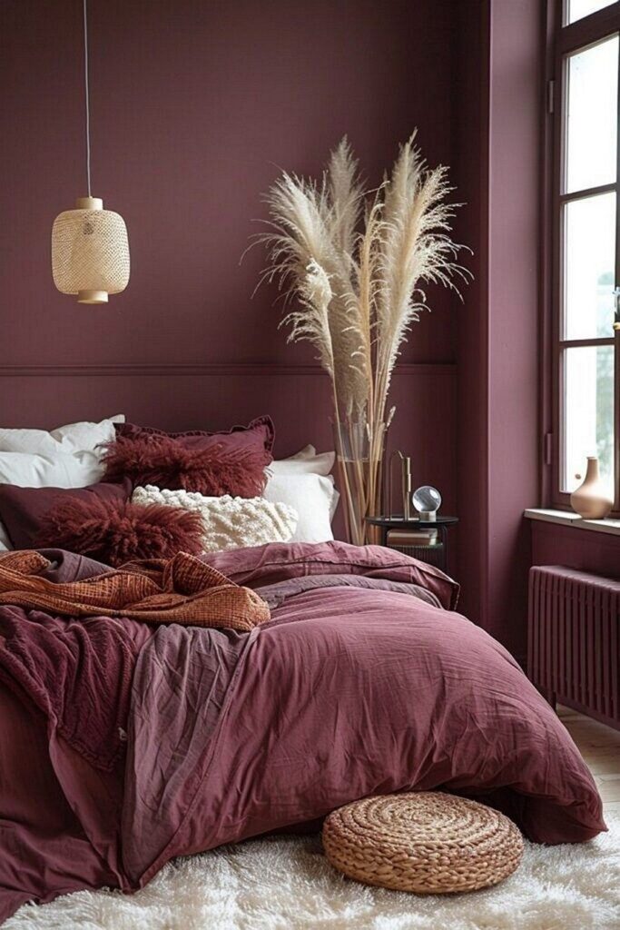 Moody plum bedroom with layered burgundy bedding and pampas grass for fall decor
