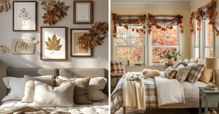 Warm autumn bedroom styling ideas with a rustic leaf gallery wall, layered bedding with throw pillows, and fall window treatments.