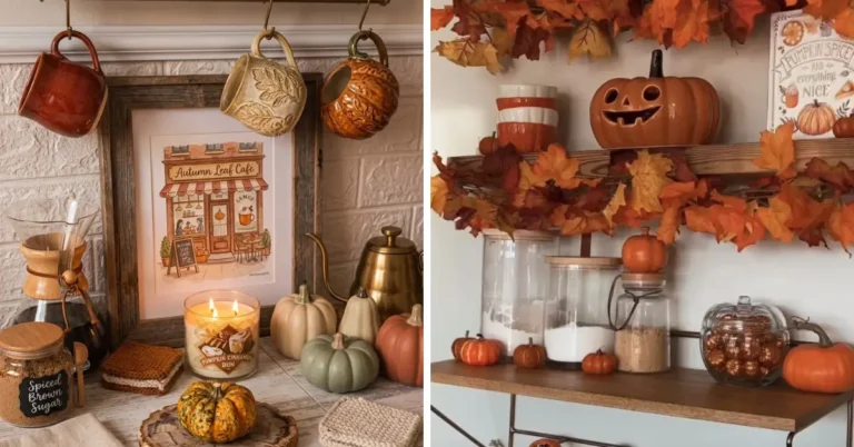 Cozy fall kitchen decor featuring autumn mugs, pumpkin candles, small faux pumpkins, and open wooden shelves styled with fall leaf garlands