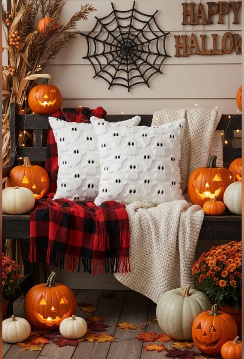 Porch bench styled with ghost-print pillows and plaid and knit throws