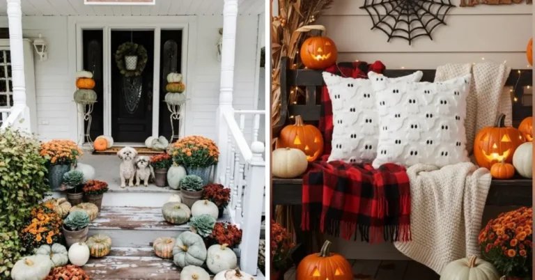 Cozy Halloween porch decor featuring stacked pumpkins, orange mums, jack-o'-lanterns, and ghost pillows on a porch bench.