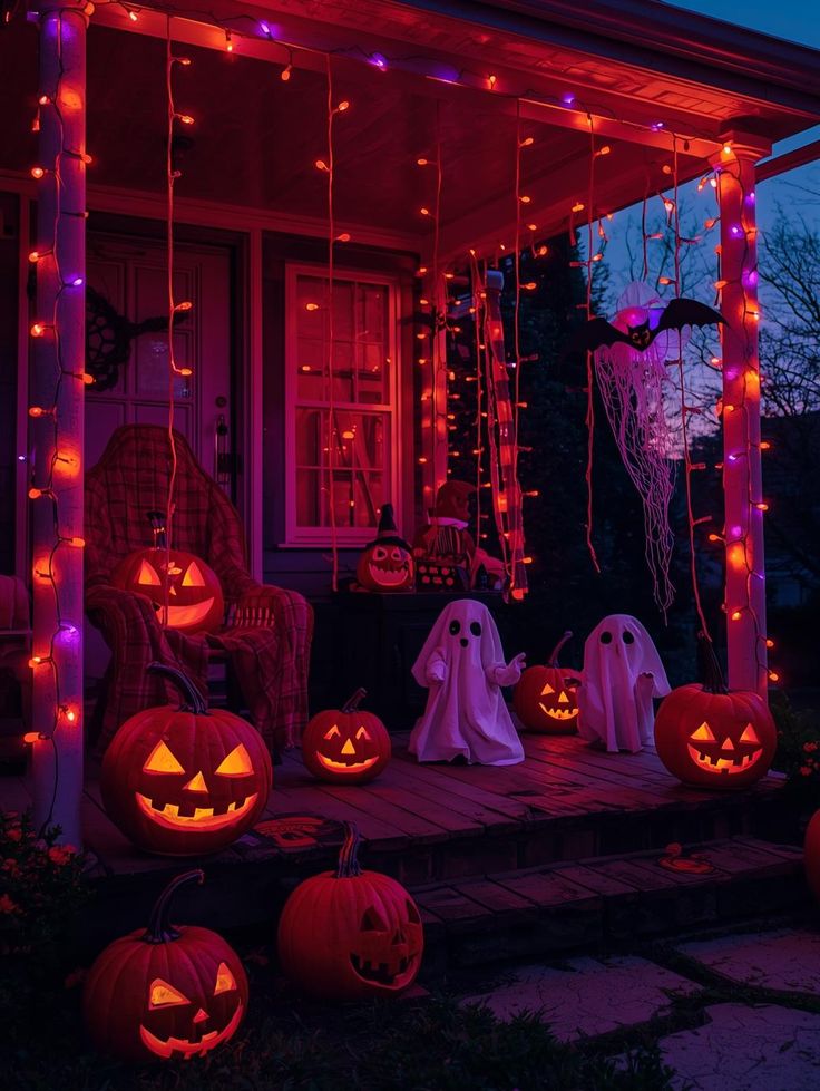 Porch draped in orange and purple string lights with lit jack-o'-lanterns at night