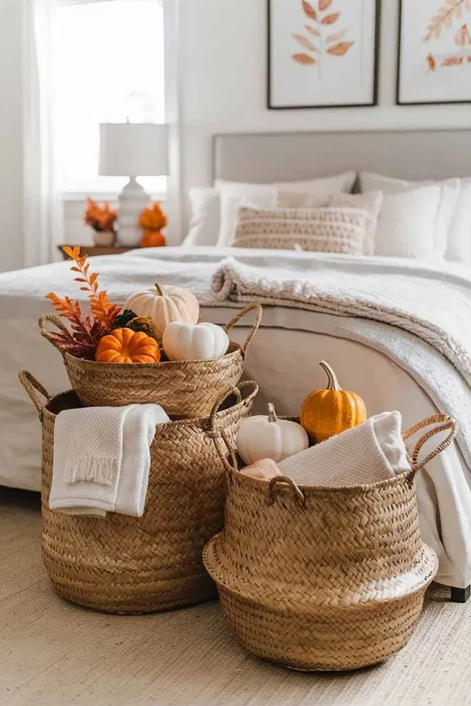 Woven baskets holding folded throws with mini pumpkins and a leaf stem at the foot of the bed