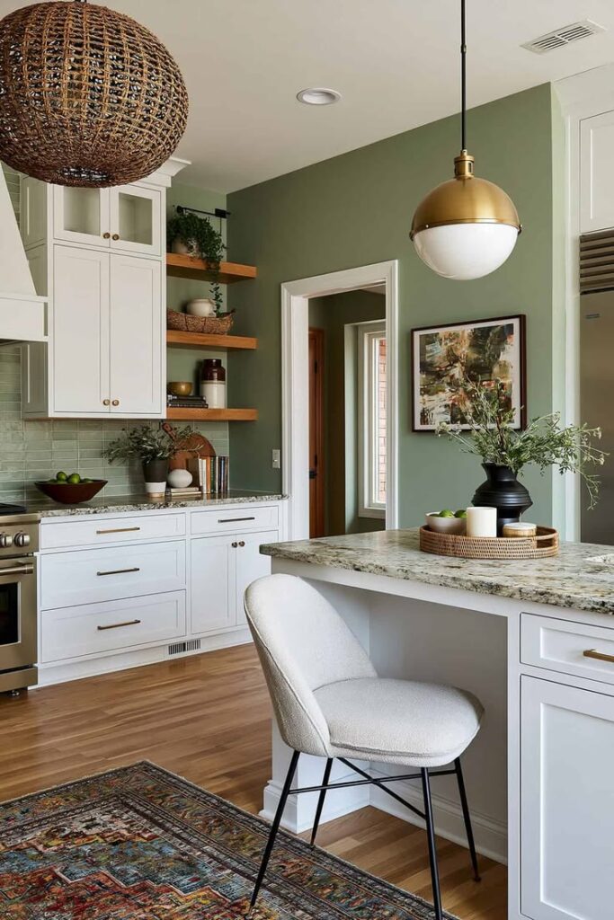Sage green painted accent wall with a brass globe pendant light over a kitchen island
