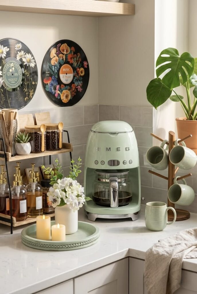 Sage green SMEG coffee maker styled on a counter with mugs and a plant