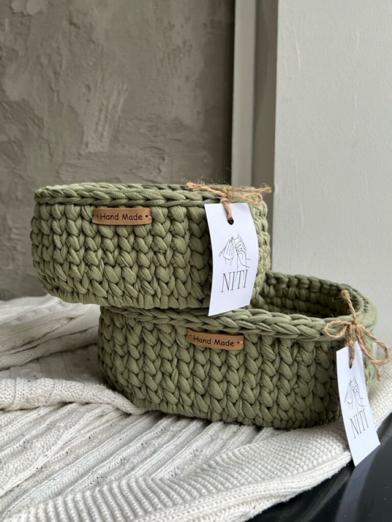 Handmade sage green crochet basket for kitchen counter storage