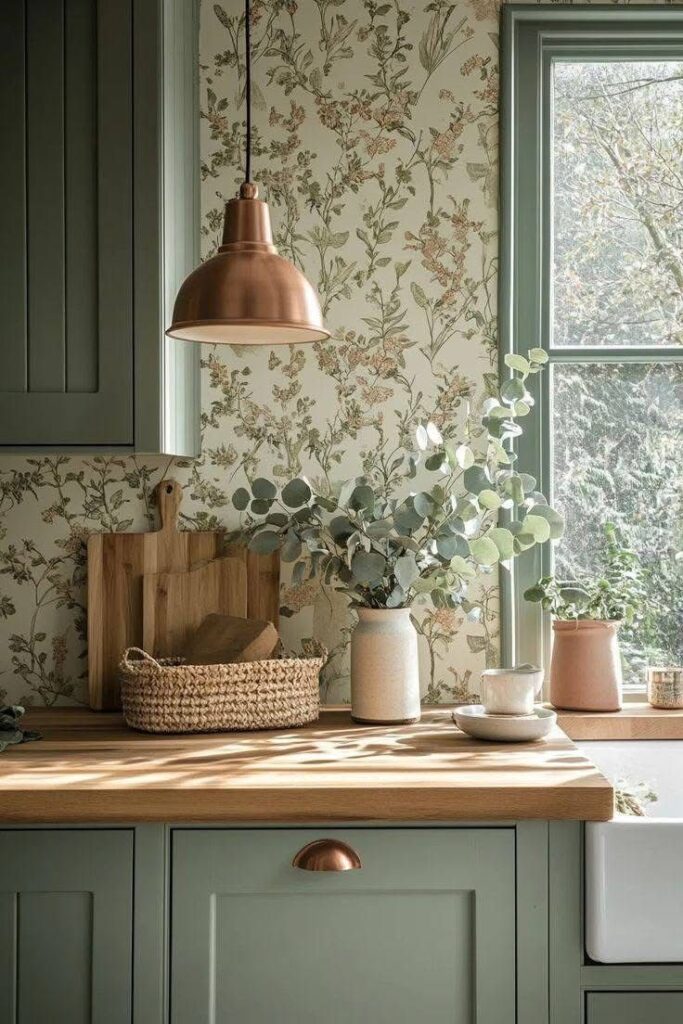 Eucalyptus stems in a ceramic vase on a sage green kitchen counter with a copper pendant light