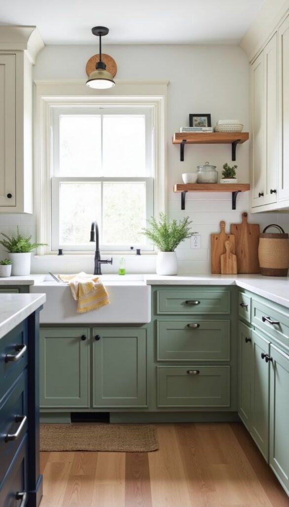 Two-tone kitchen with sage green lower cabinets and white upper cabinets