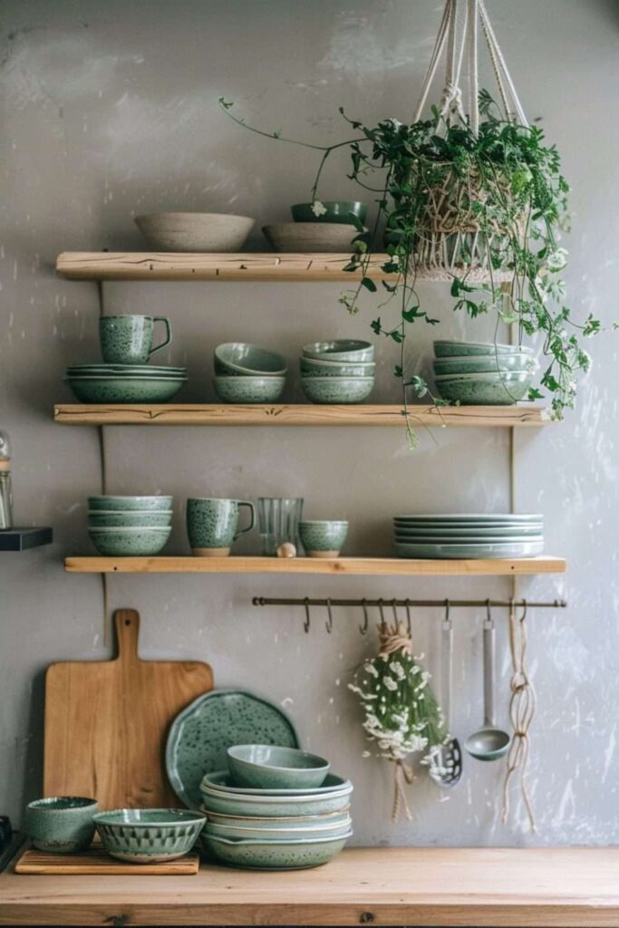 Open kitchen shelving with green ceramic bowls, mugs, and a woven basket