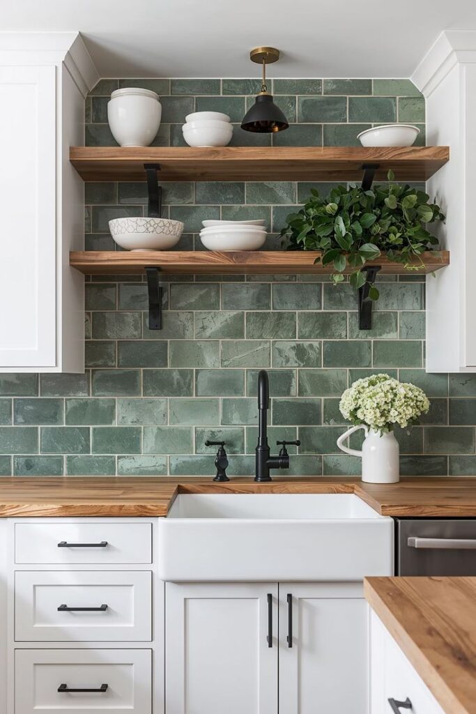 Sage green subway tile backsplash behind wood open shelving and a farmhouse sink