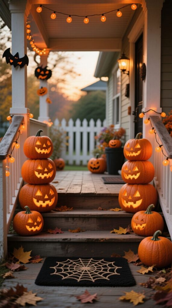 Stacked carved pumpkins with mixed goofy and scary faces lining Halloween porch steps