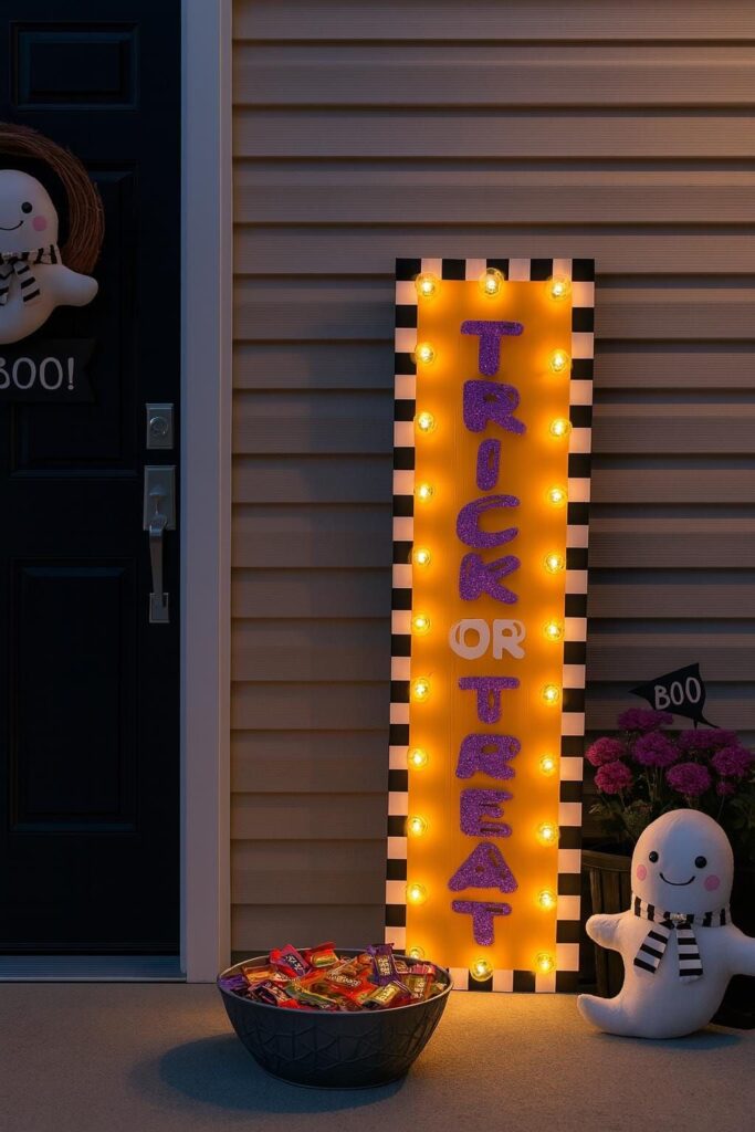 Lit "Trick or Treat" marquee sign with a candy bowl on a porch