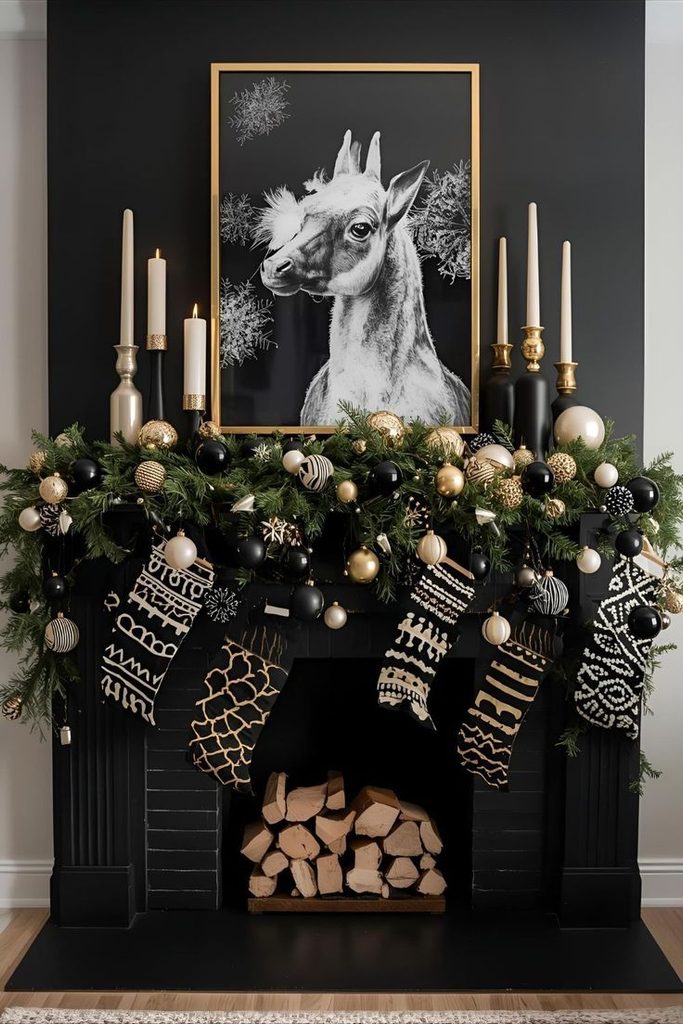 Black Christmas mantel with cream taper candles and framed art
