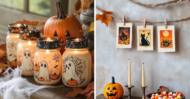 Cozy vintage Halloween decor setup featuring glowing ghost mason jar candles, printed Halloween postcards, and orange pumpkins.