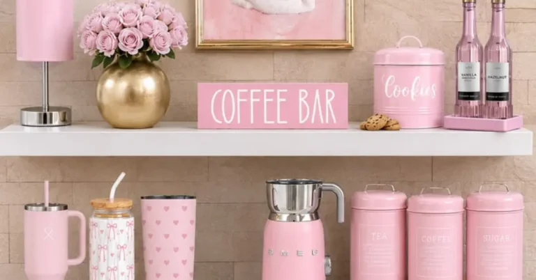 Pink coffee station with canisters, coffee bar sign, and SMEG milk frother on a shelf