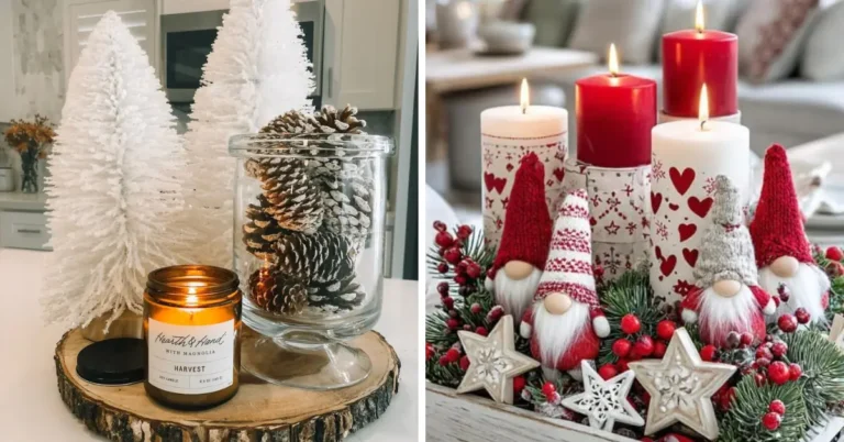 Winter table centerpiece ideas featuring a frosted tree and pinecone jar display alongside a gnome and candle tray