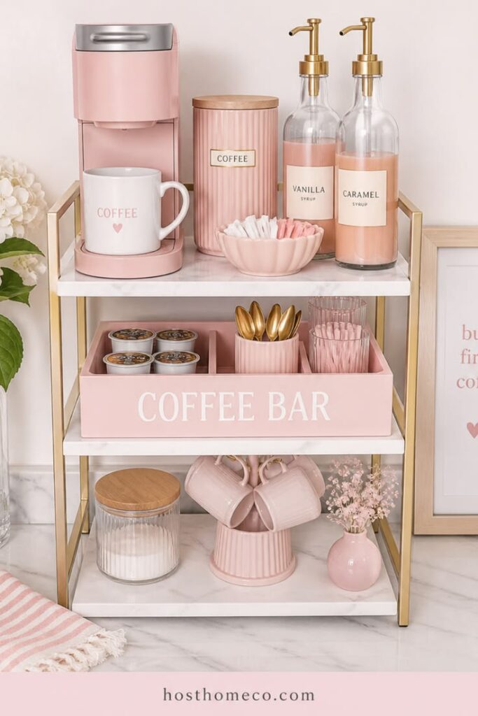 Three-tier gold and blush pink coffee cart with coffee maker, mug, and syrup bottles