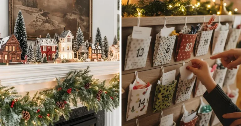Christmas mantel decor ideas with a vintage village and pine garland beside a fabric advent calendar on the wall