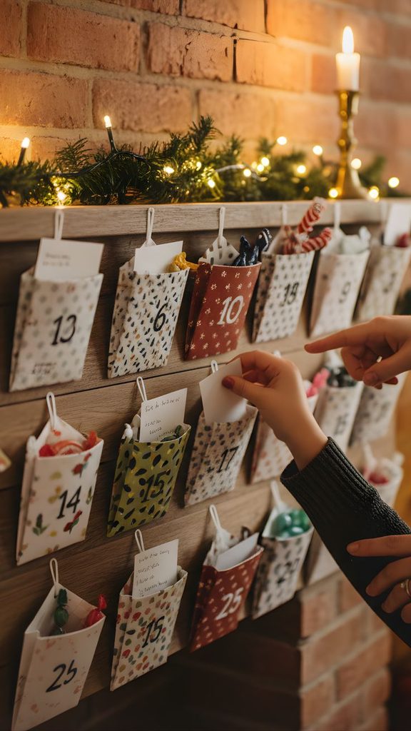 Mantel-style advent calendar with numbered fabric pockets hanging from a brick wall