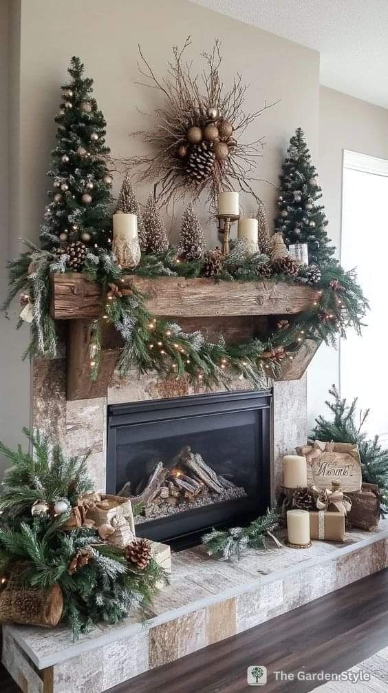 Rustic Christmas mantel with a twig wreath, pinecones, and mini trees