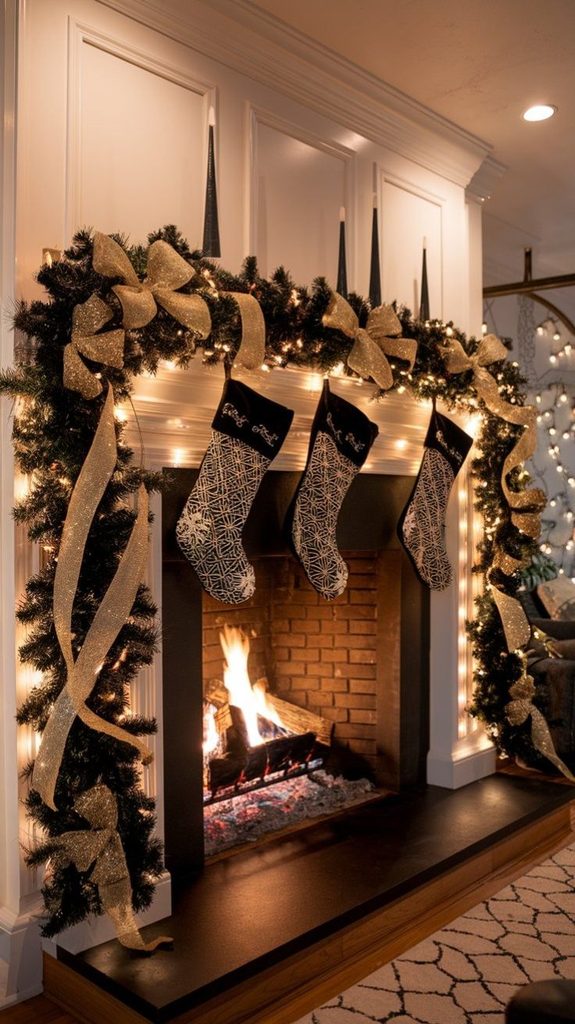 Black and gold Christmas mantel with glitter garland and patterned stockings