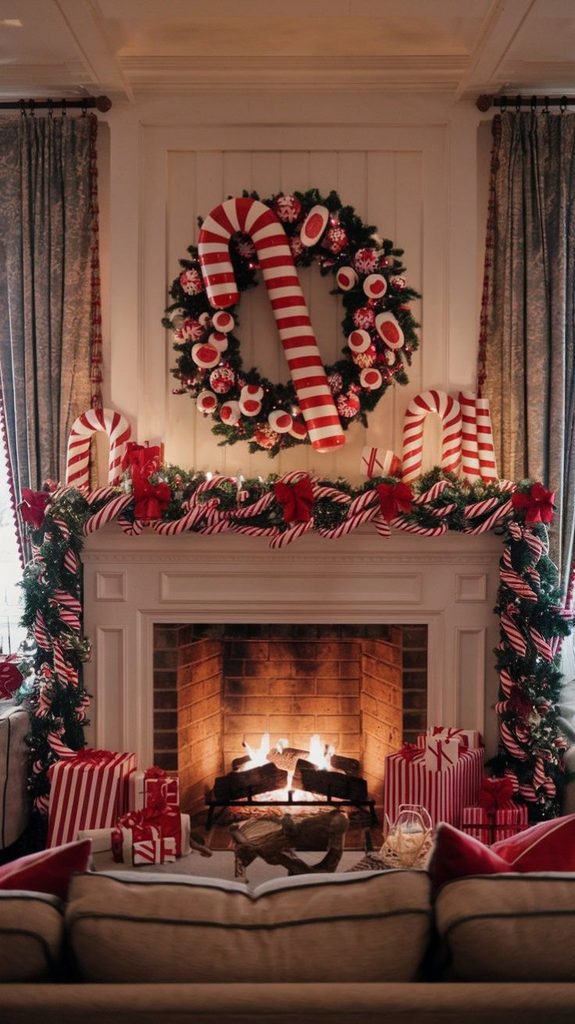 Christmas mantel decorated with oversized candy canes and a red-and-white striped garland