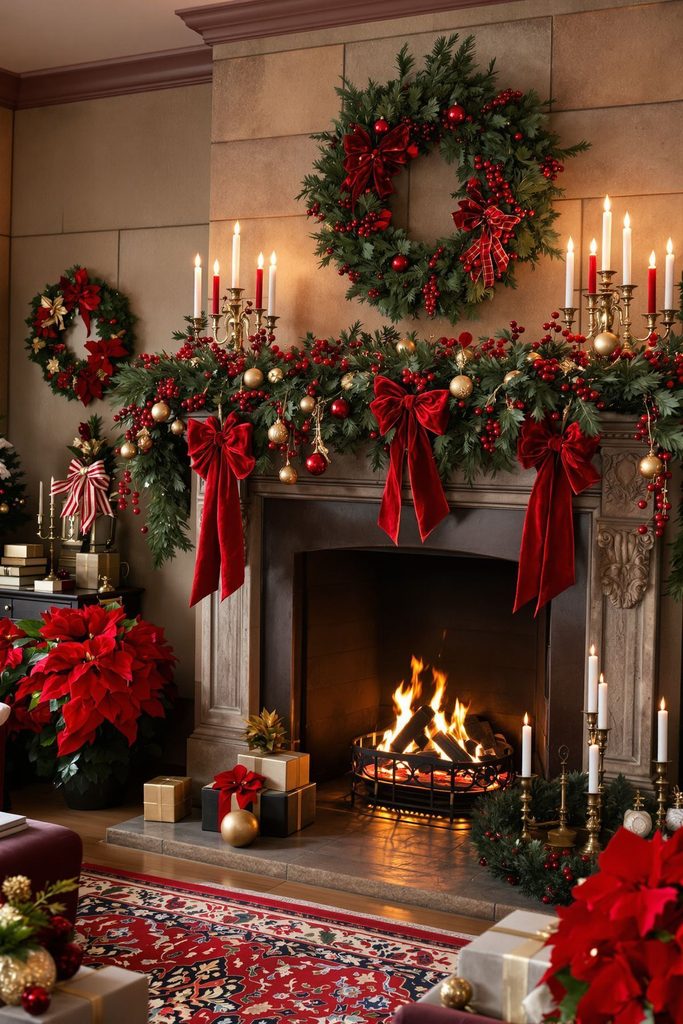 Formal Christmas mantel with velvet bows, brass candelabras, and poinsettias