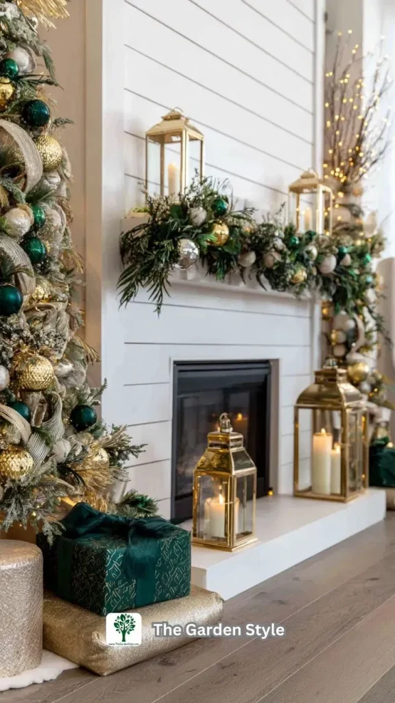Christmas mantel with a layered emerald and gold garland and glass lanterns