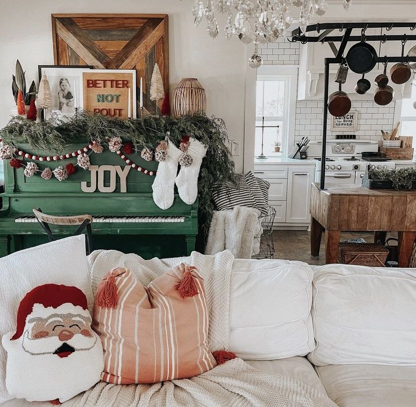 Christmas decor styled on a piano for homes without a fireplace mantel
