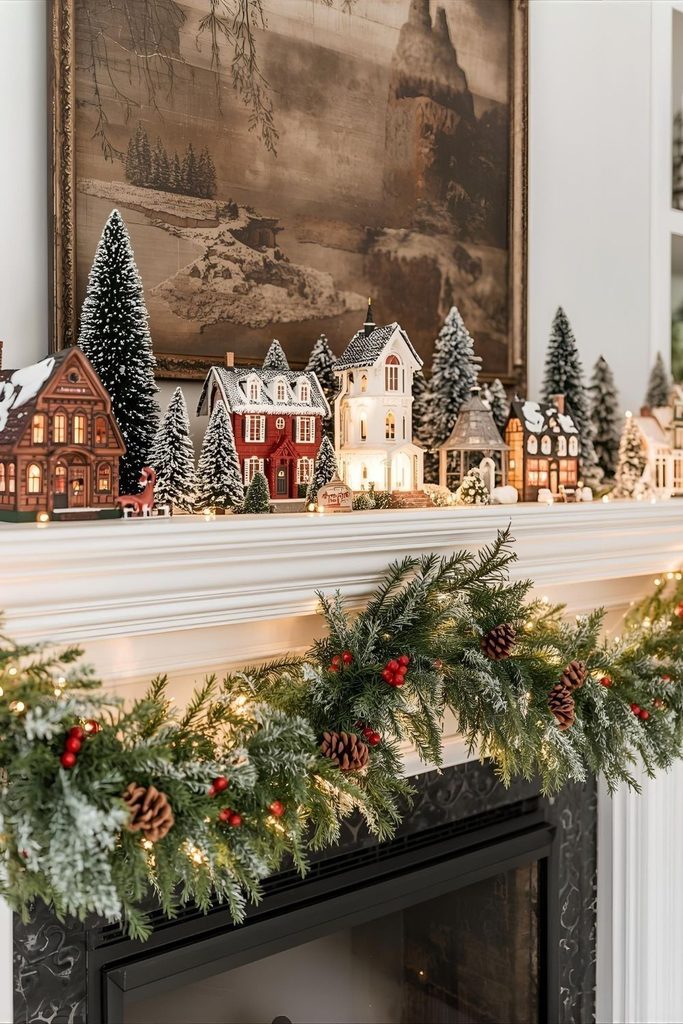 Christmas mantel with a lit vintage village house display and pine garland