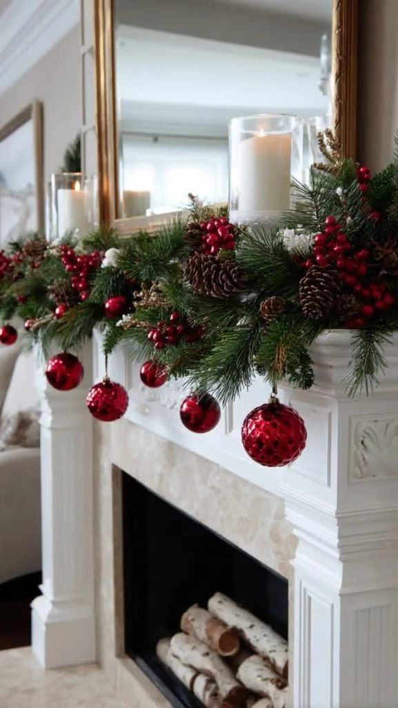 White Christmas mantel with red ball ornaments, pinecones, and berry garland