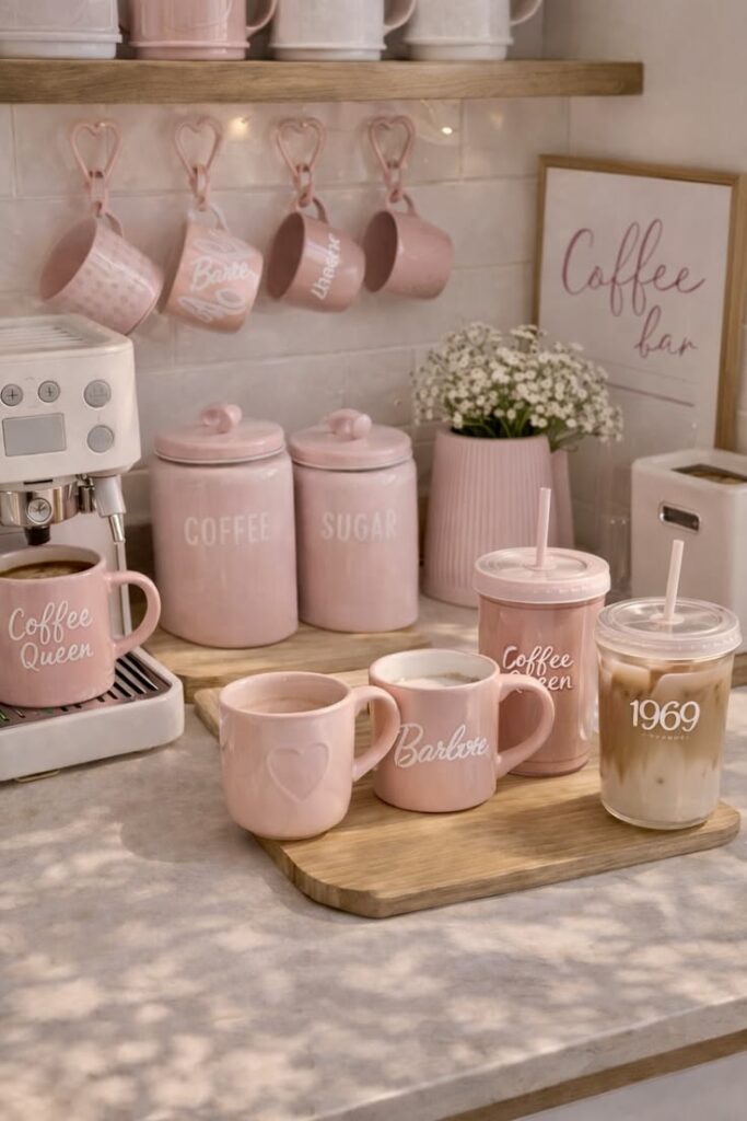 Pink mugs hanging from heart hooks above a coffee bar with pink canisters