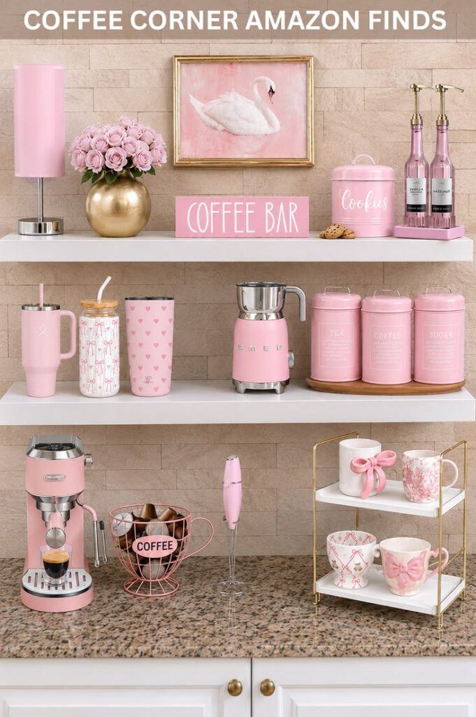Pink block sign reading Coffee Bar next to a cookie jar and syrup bottles