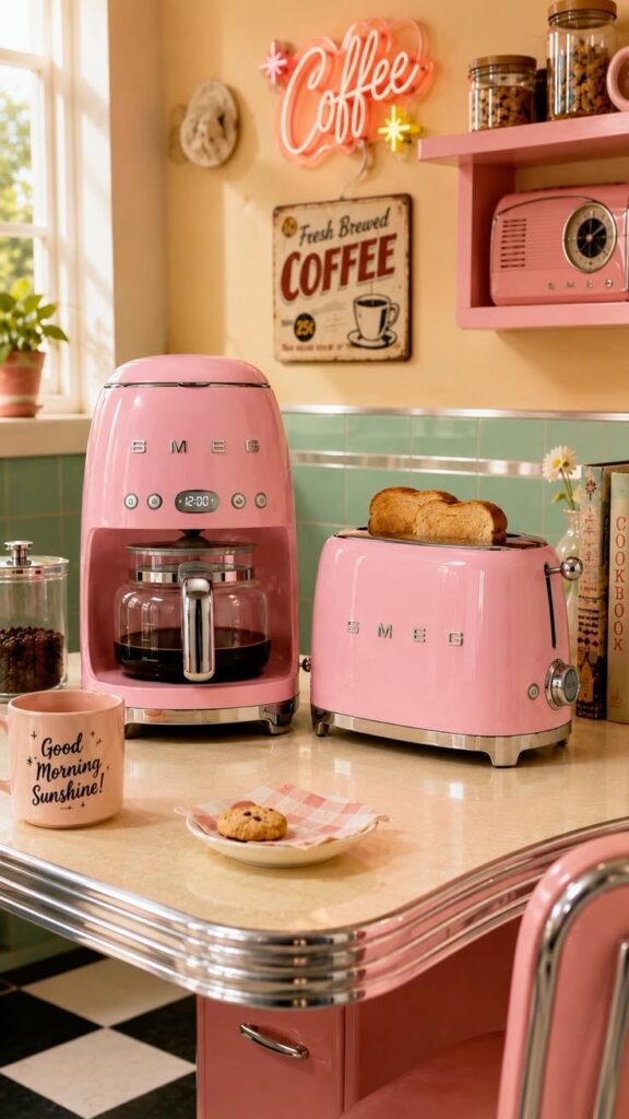 Retro pink SMEG coffee maker and toaster on a diner-style kitchen counter