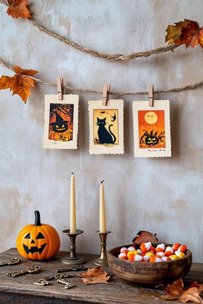 Vintage-style Halloween postcards clipped to a twine garland above a table with candles and a jack-o'-lantern