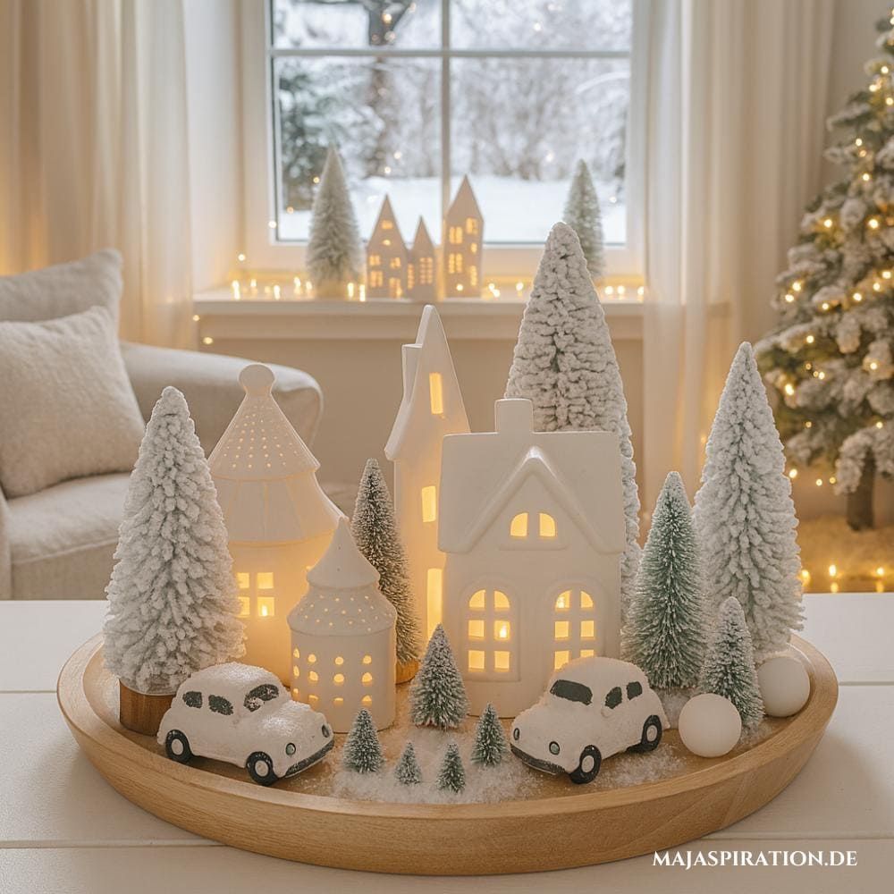 White ceramic house village winter table centerpiece with mini bottle brush trees and toy cars on a wood tray