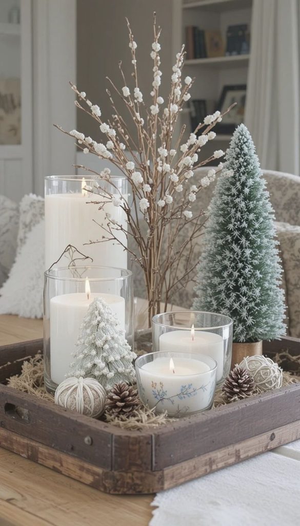 Glass hurricane candle holders with pale dried branches and a frosted mini tree winter centerpiece