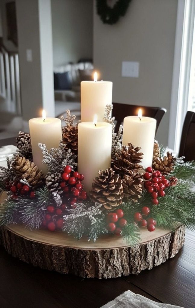 Pillar candles with pinecones and red berries on a wood slice winter centerpiece tray