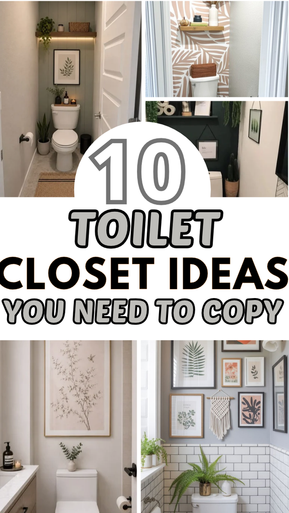 Toilet room wall ideas with a tan leaf wallpaper wall on the left and a white subway tile wall with framed art on the right