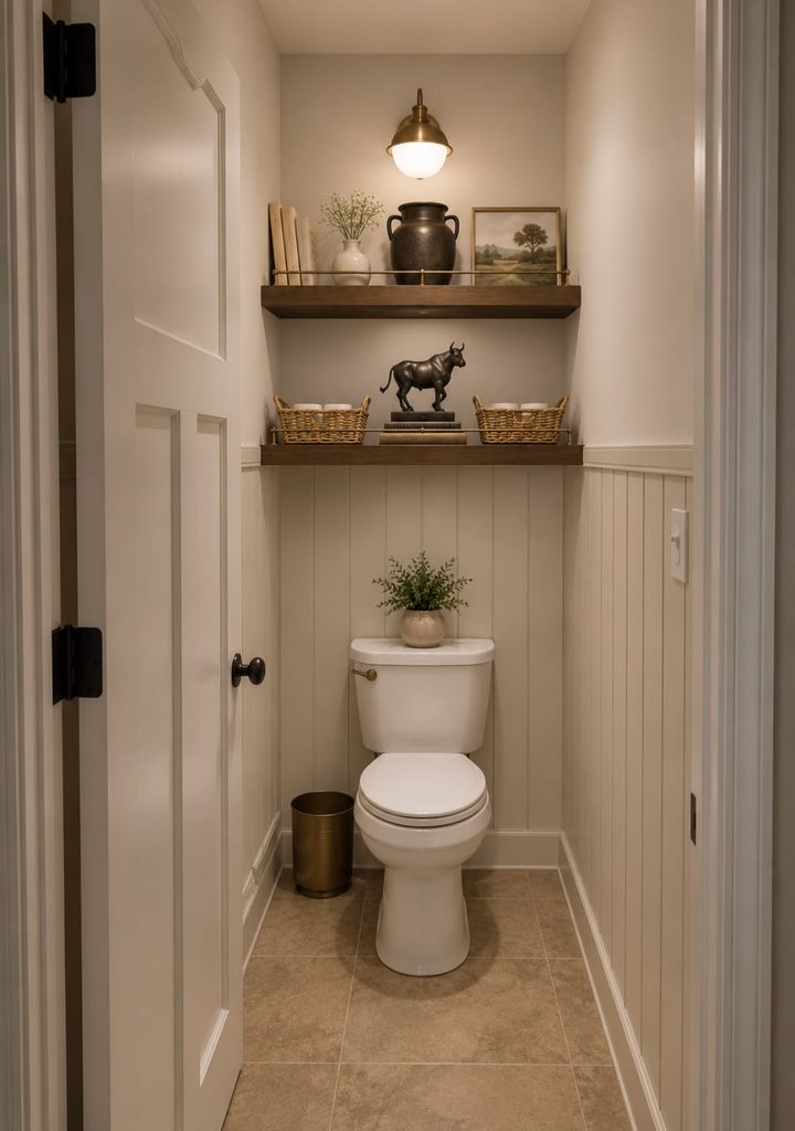 Vertical wood slat accent wall behind an oval mirror in a small bathroom with floating shelves and a toilet