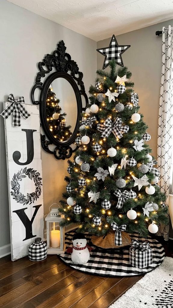Black and white Christmas tree with buffalo check ornaments and a plaid star topper.