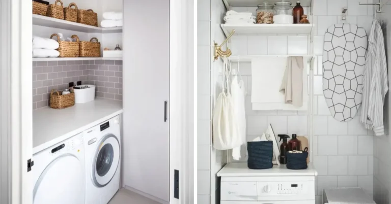 Two small apartment laundry closets side by side, one with wicker baskets on open shelves above a white counter and front-load washer and dryer, the other with white wall shelves, a drying bar and a hung ironing board above a washer.
