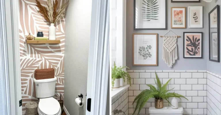 Toilet room wall ideas with a tan leaf wallpaper wall on the left and a white subway tile wall with framed art on the right