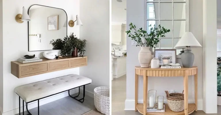 small entryway table decor ideas shown on a floating oak cabinet above a bench and a wood half-moon table with a lamp and basket
