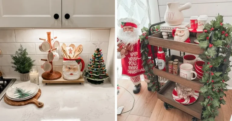 Christmas coffee station decor with a Santa mug and mug tree on a kitchen counter beside a red coffee bar cart with holly garland